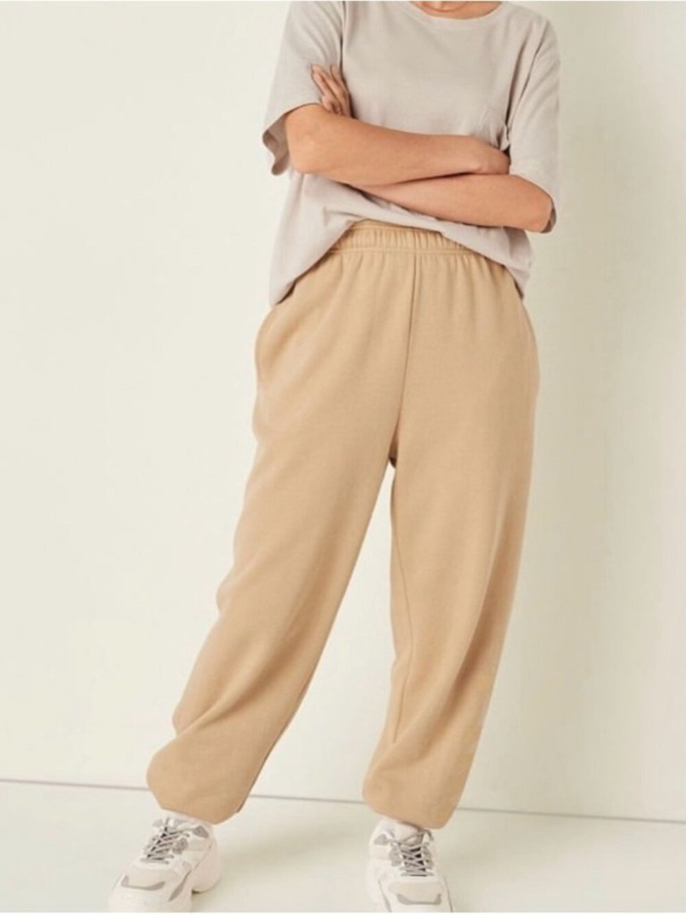 PINK Victoria's Secret Campus Jogger Fleece Sweatpants Tan/Gold Logo Size XS